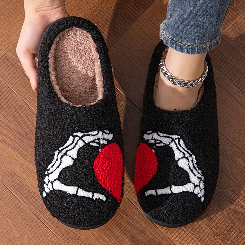 Couples Home Slippers Skull Hand Love Heart Valentine's Day Gift Winter Warmy Cotton Shoes Non Slip Fluffy Comfy Shoes Gift 3