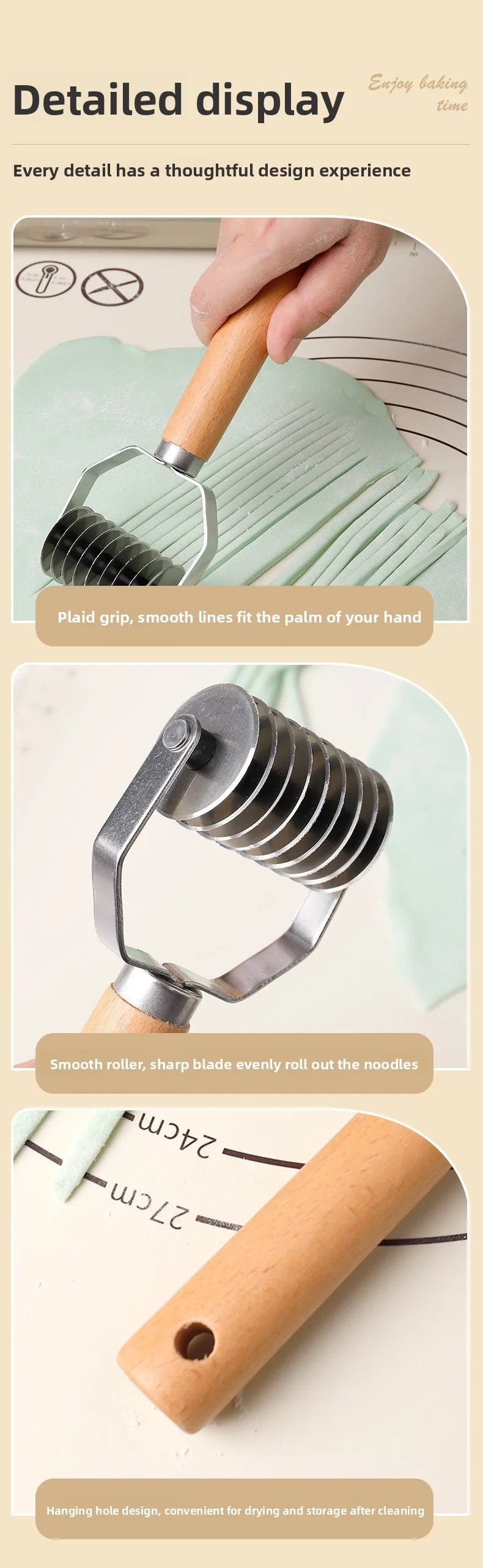 Description Picture 5 of itemHandmade Stainless Steel Pasta Cutter – Manual Noodle Roller with Wooden Handle, Dough Sheeter & Strip Cutter for Homemade Pasta