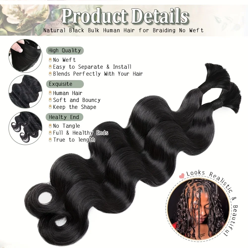 12A Body Wave Bulk Human Hair No Weft Unprocessed Virgin Remy Hair Soft Bouncy For Boho Braids DIY Styling Natural Black Raw Hair Extension 55g/1pack 3
