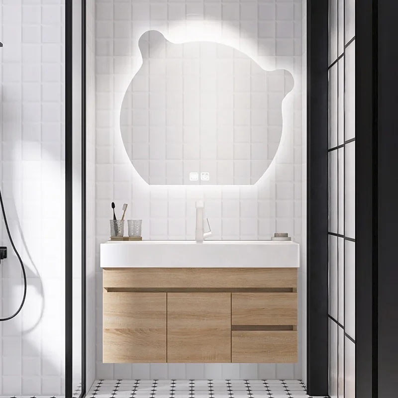 Modern Simple Large Basin Integrated Bathroom Cabinet Light Luxury Ceramic Washbasin Smart Mirror Log Color Washbasin Fixture