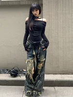 Y2K High Street Ripped Tassel Washed Baggy Jeans Woman Retro Street Hip-hop Loose Old Fashion Casual High Waist Wide Leg Jeans 2