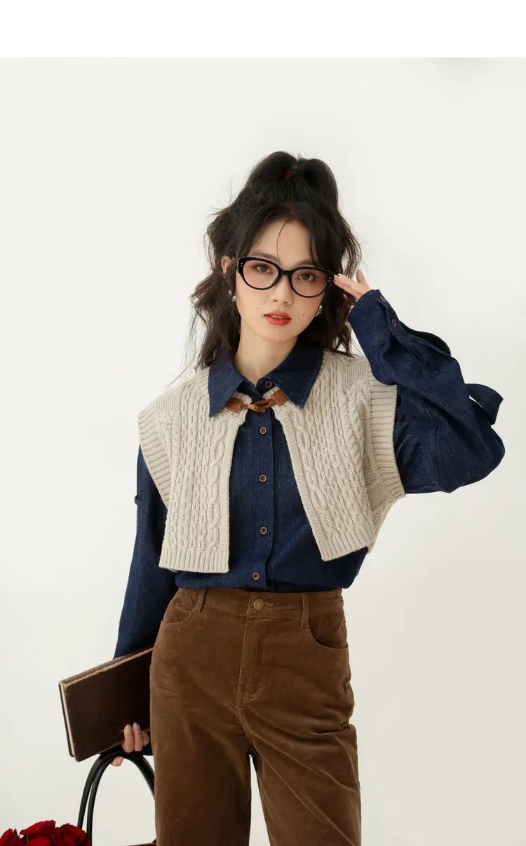 Cable-Knit Sweater Vest  Women’s Vintage Crop Tender Knitted Slim All-match Streeetwear Autumn Casual Students Temper Korean Style Classic Sweaters Womens Vests Cropped Plus size Cardigans for Woman in Khaki apricot