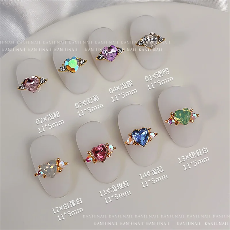 10pcs 3D 네일 아트 합금 라인 석 하트 반지 다이아몬드 유리 매력 매니큐어 쥬얼리에 대한 럭셔리 지르콘 오로라 스톤 링 모양