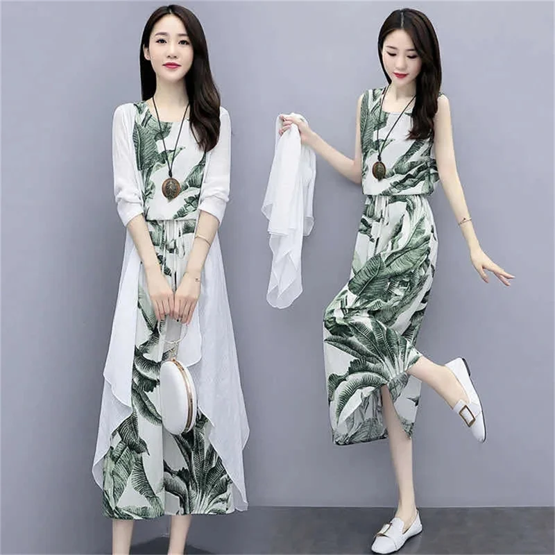 

Long Dress Sets 2023 Summer New Women's Wear Temperament waist Fashion 2-piece setelegant Shawl Mesh Cardigan Coat +Dress Mother