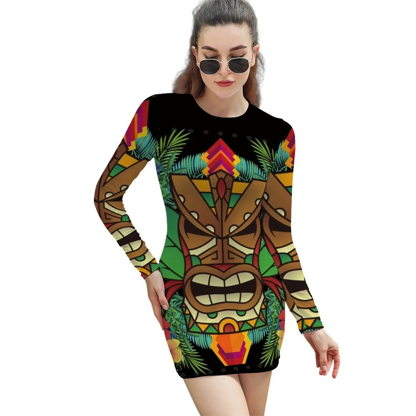 Tiki Head and Polynesian Florals Long-Sleeved Sheath Dress luxury women's party dress evening prom dresses with long sleeves