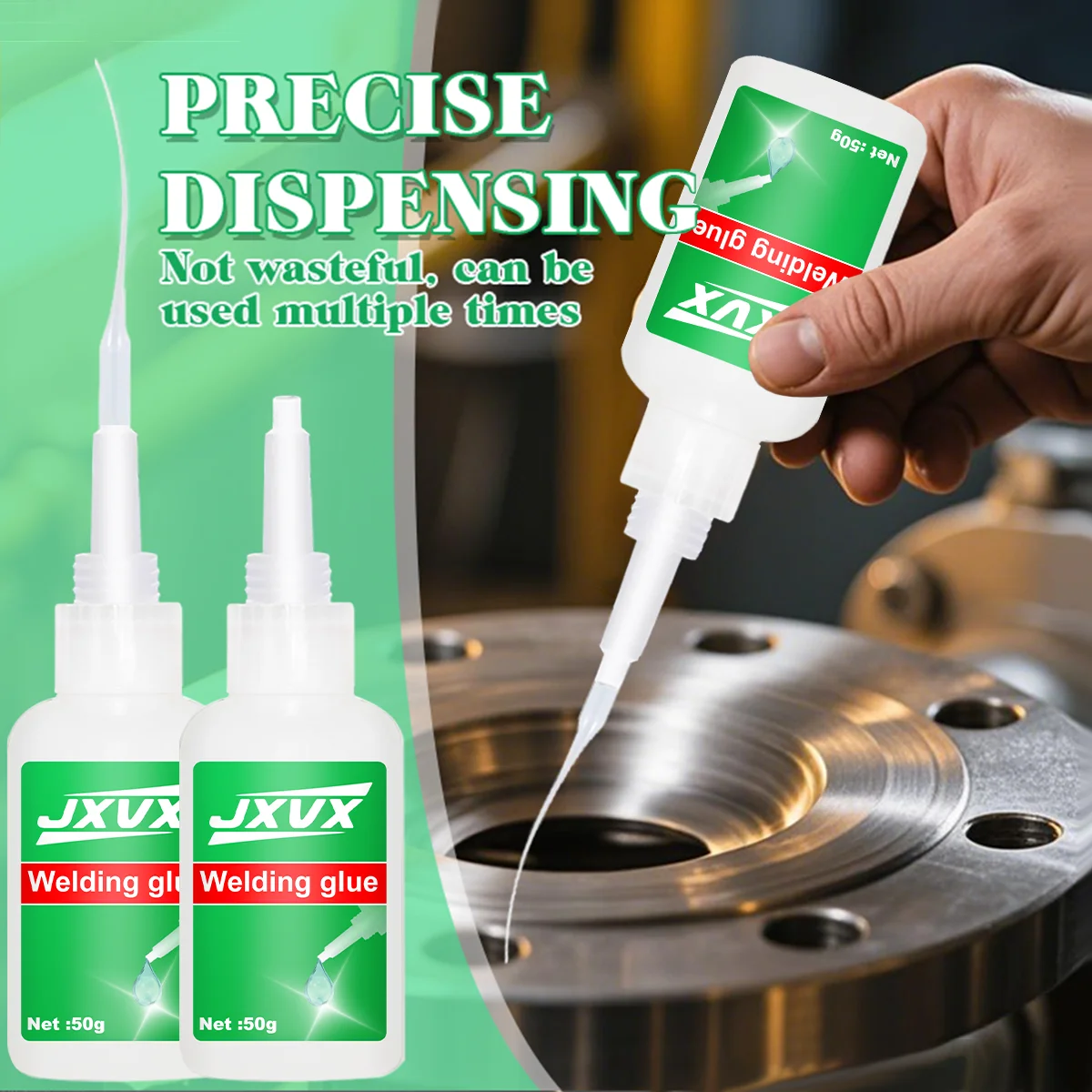 Gros plan sur la buse applicatrice fine de la Colle Super Glue JXVX 50g, idéale pour le modélisme.