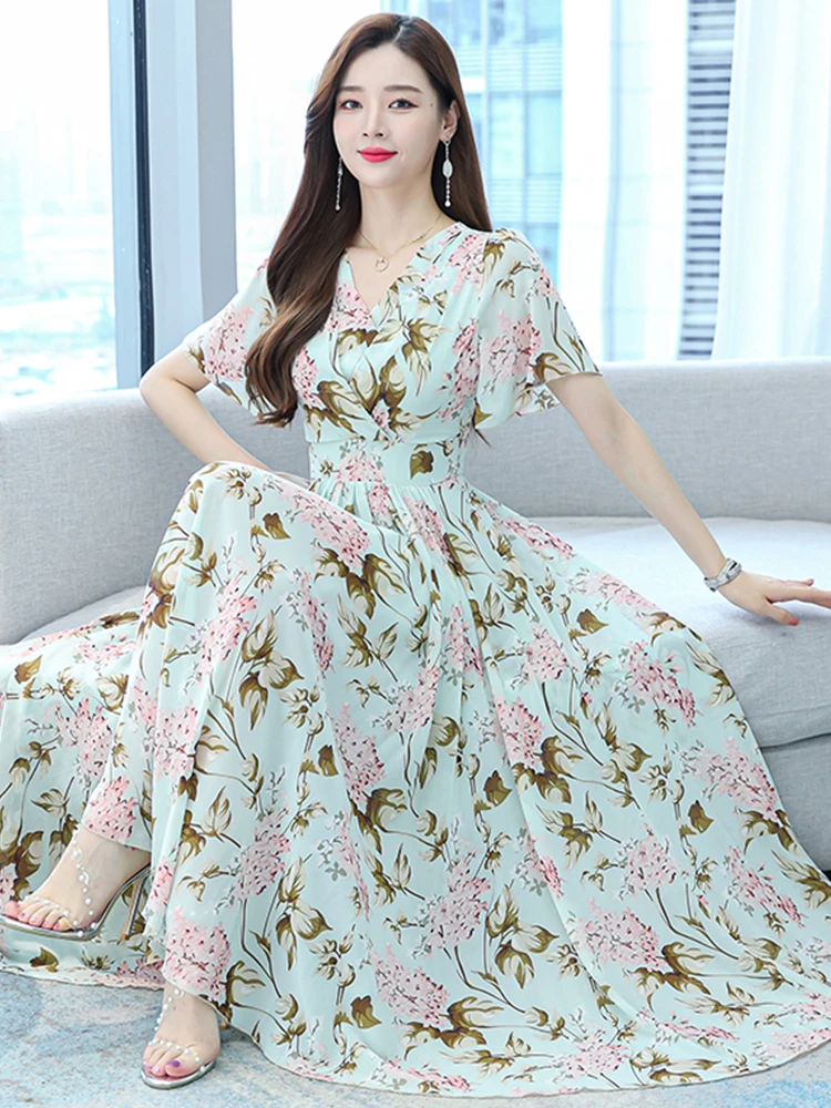 Elegant Beach Chiffon Floral Dress Casual Women 2023 Summer V-Neck