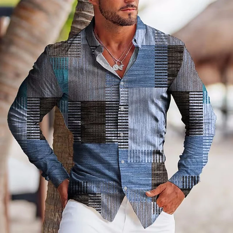 

Autumn Shirts For Men Oversized Casual Shirt Striped Print Long Sleeve Button Tops Men's Clothes Hawaiian Cardigan Chemise Homme