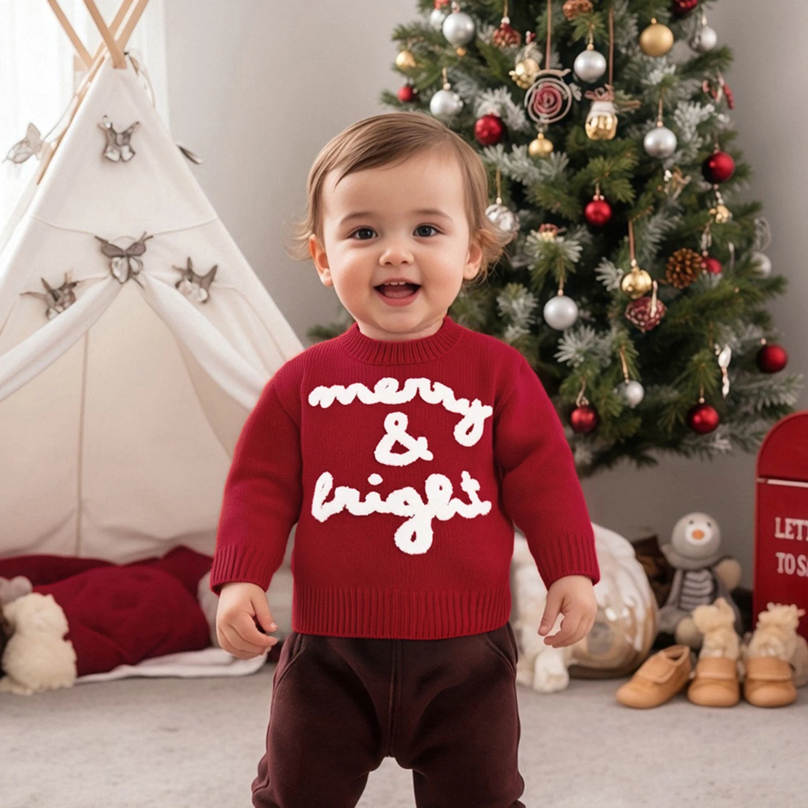 여자 크리스마스 스웨터 긴 소매 라운드 넥 레터 자수 풀오버 니트웨어