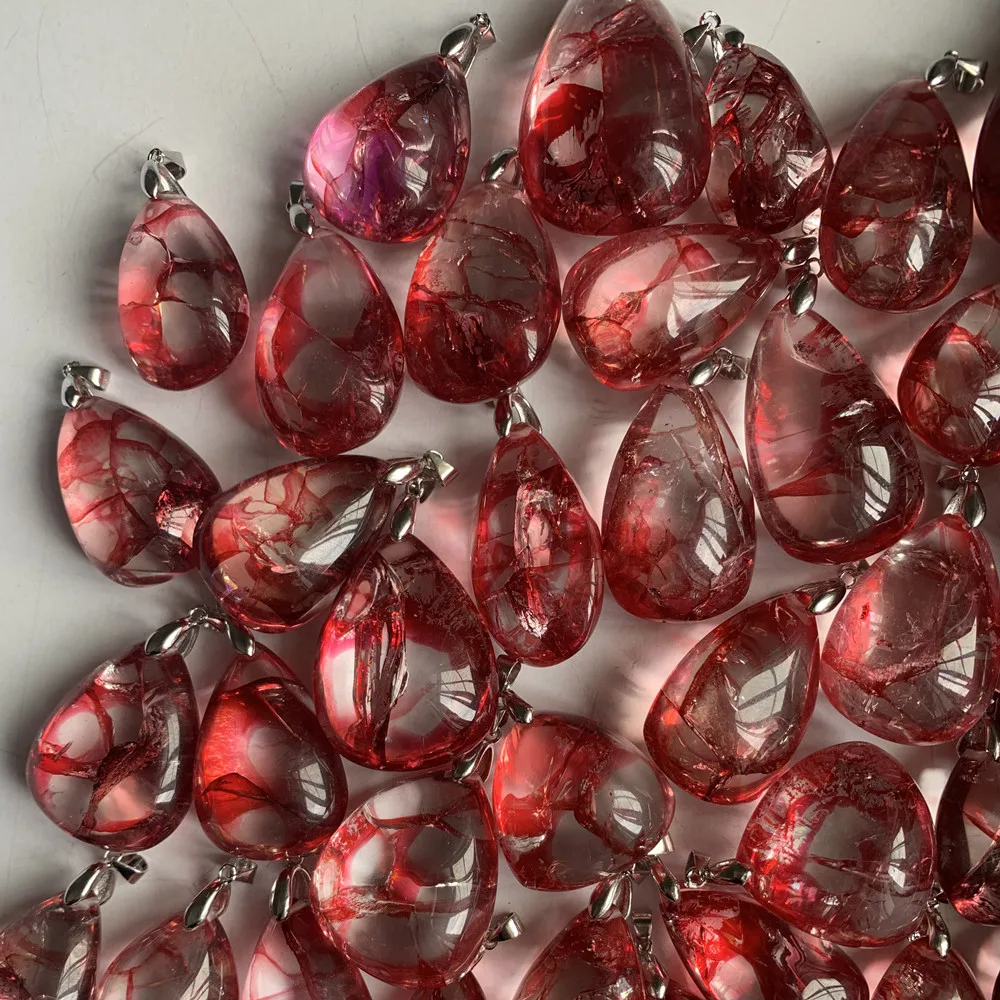Treated Fire Quartz Pendants Women Natural Water Drop Crystals Necklaces 925 Silver Red Limonite Phantom Beads Rainbow Flashes
