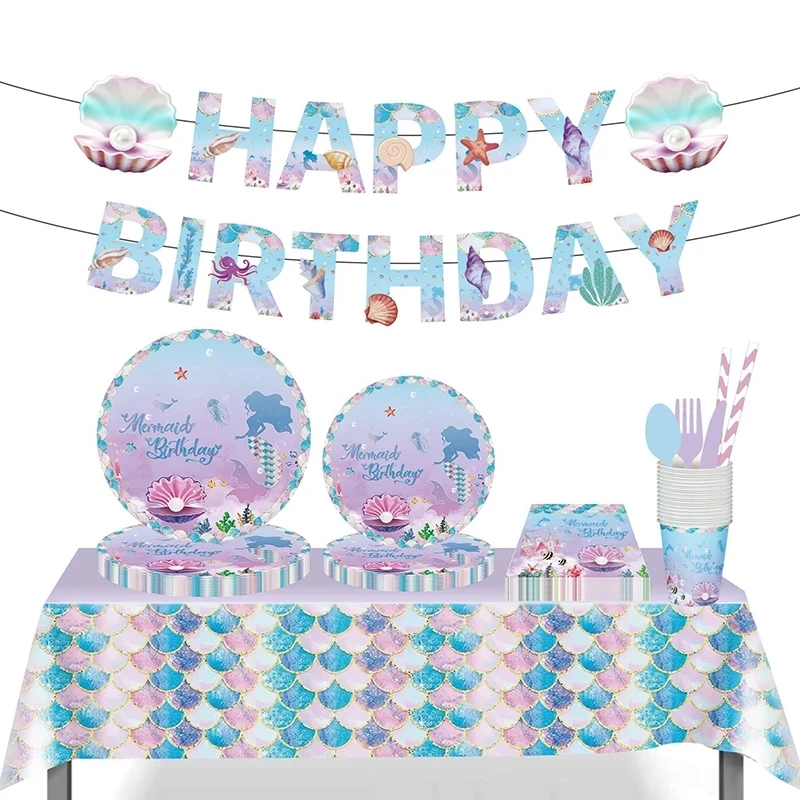 Mermaid Birthday Party Disposable Tableware Set Under The Sea Party Little Mermaid Girls 1st Birthday Decoration Shell Balloons