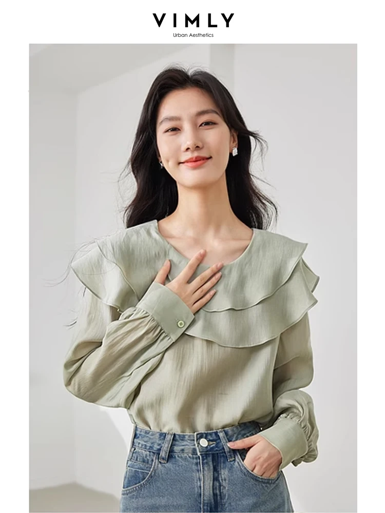 Vimly Spring New Elegant French Style Chiffon Shirt 2024 Double Ruffles Women's Blouse Light Green Long Sleeve Top Female M3961