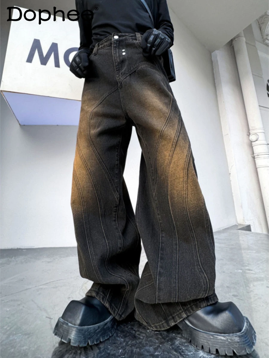 Fashion Jeans Men's 2024 Spring Rivets Loose Comfort Trendy Male Fried Street Zipper Men's Jeans Denim Straight Trousers