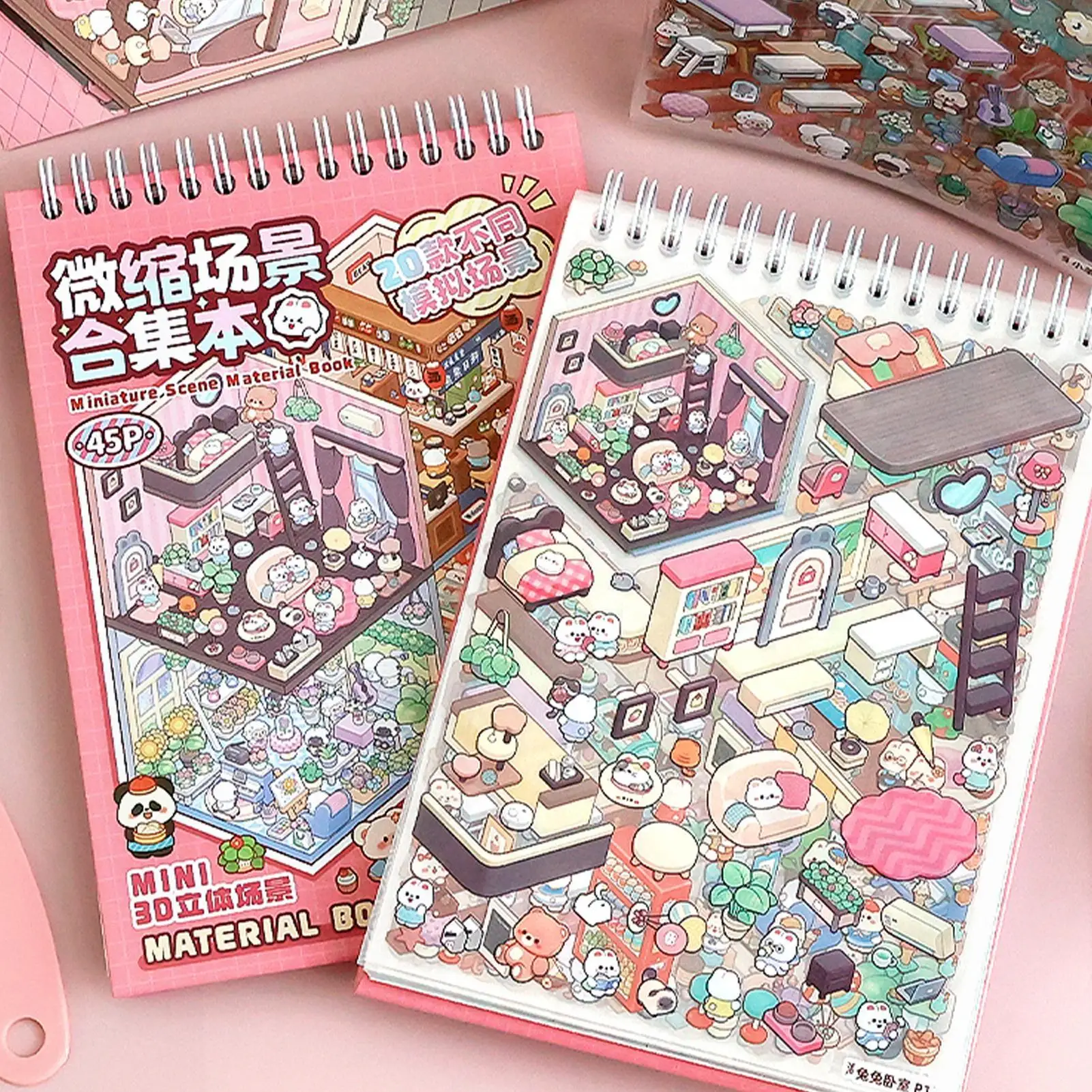 45 pcs Miniature Scenes Cartoon Landscape Sticker Book DIY 3D Sticker Cabin Scenes Children's Back to School Gifts