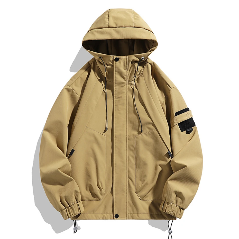 Black Windbreak Jacket Men Fashion Casual Cargo Jacket Coat Male Spring Autumn Hooded Outerwear Solid Color Camping Jackets