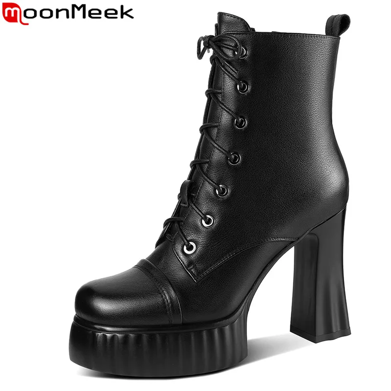 

MoonMeek 2023 New Genuine Leather Zipper Autumn Boots Thick High Heels Platform Women Shoes Ladies Narrow Band Ankle Boots