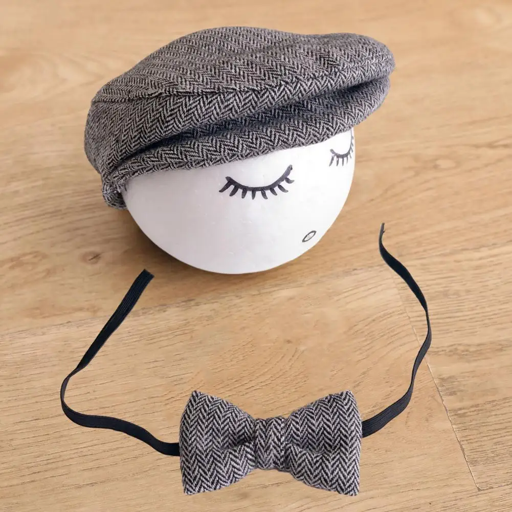 

Hat Bow Set Baby Newborn Herringbone Peaked Cap Set Adjustable Lace Up Bow Tie Lightweight Breathable Toddler Photo Prop Outfit
