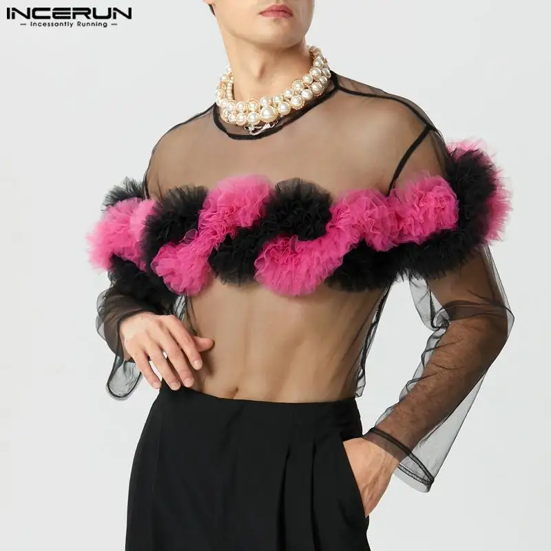 Men T Shirt Lace Mesh Patchwork O-neck Long Sleeve Sexy Fashion Camisetas Streetwear Transparent 2023 Men Clothing S-5XL INCERUN