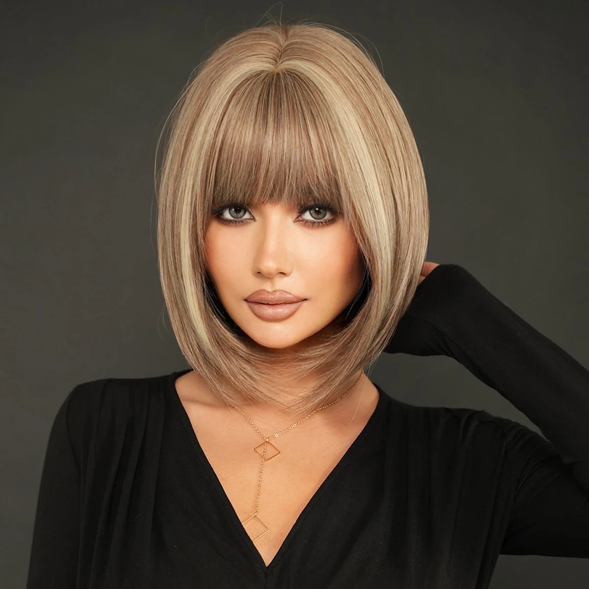 7JHH WIGS Straight Light Brown Highlight Blonde Bob Wigs with Neat Bangs High Density Synthetic Wig for Women Party Use