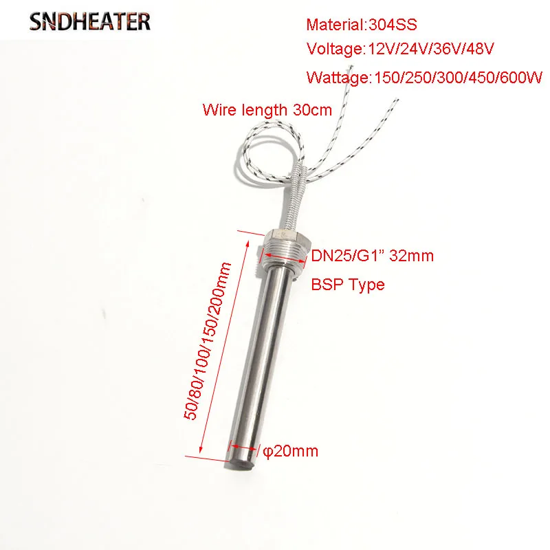 Low Pressure DC heating Rod 12V-48V 150-600W DN25/32mm Threaded Single-head Electric Cartridge Heater 20x50-200mm 1pc