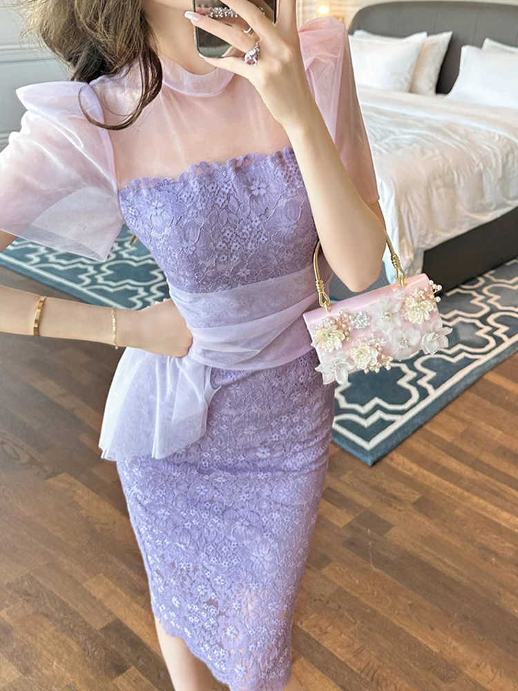2023 Sweet Gentle Style Midi Lace Dress Women Purple Sheer