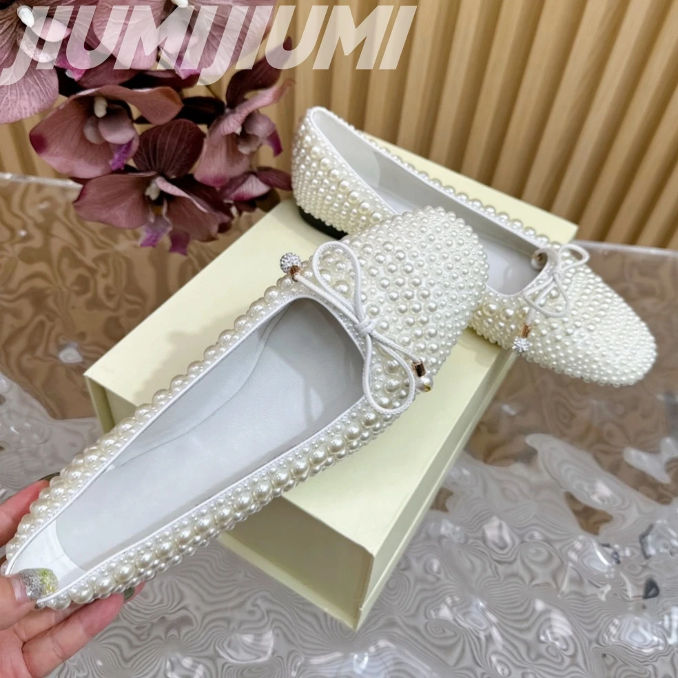 Luxury Brand String Bead Flat With Ballet Flats Shallow Pearl Almond Shaped Toes Zapatos Mujer Silk Butterfly Knot Woman Flats 5