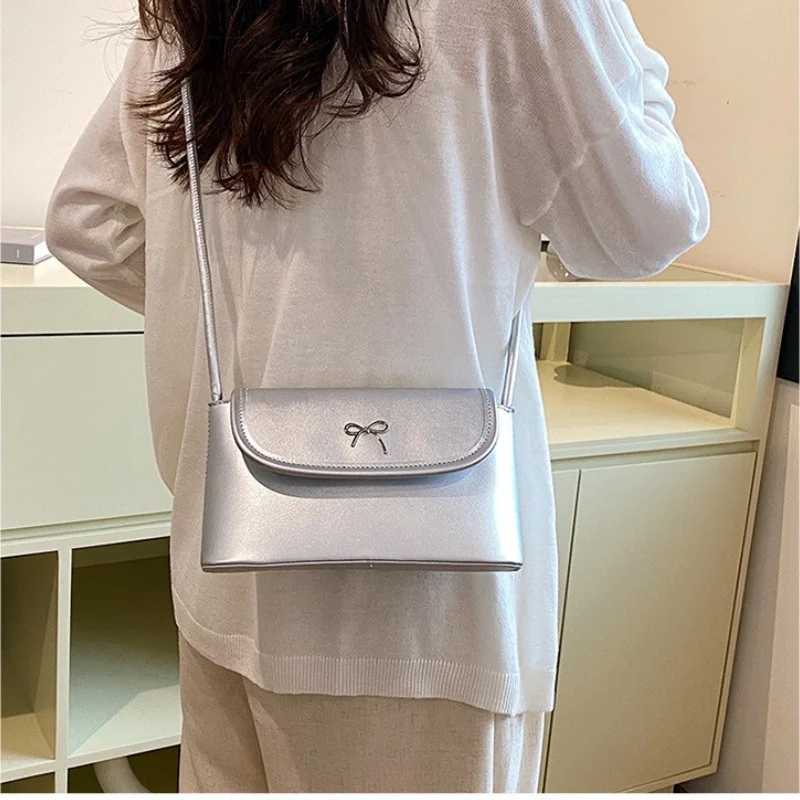 New Solid Color Underarm Bag Purse Women Hot Girls Sweet Cute Bow PU Leather Bags Female Vintage Y2k Messenger Bag