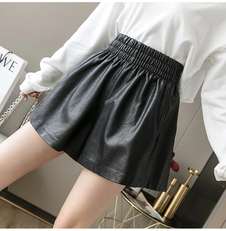 african dresses Black Elastic High Waist PU Shorts Women Loose Faux Leather Streetwear Sexy Wide Leg Shorts Female Pantalones Cortos de Mujer running shorts