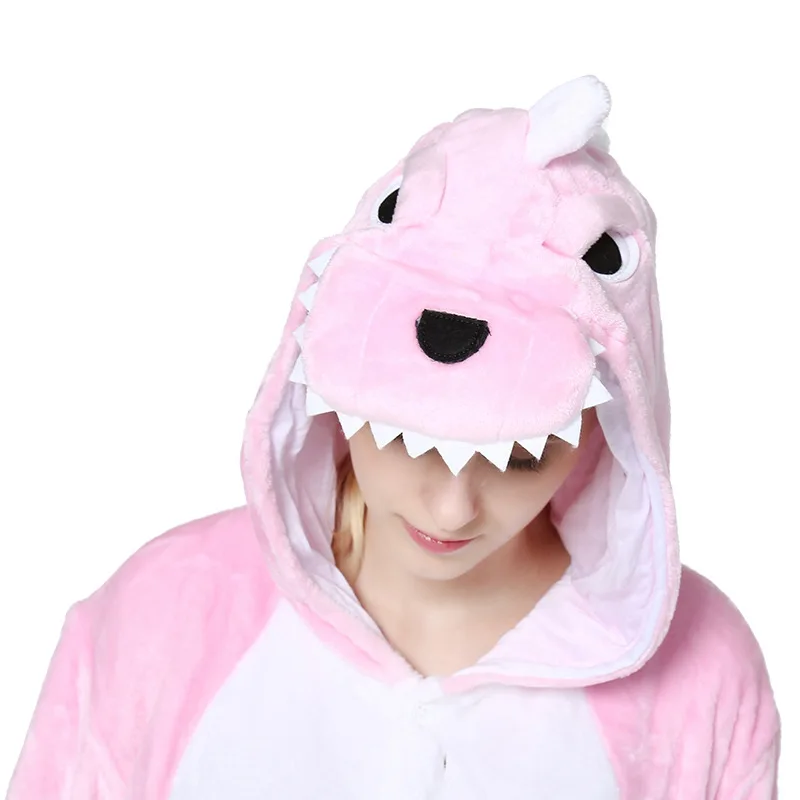 Flannel Cartoon Jumpsuit Pajama Kigurumi Pink Dinosaur Cosplay Costume Autumn Winter Thicken Warm Onesies Sleepwear Lounge Wear