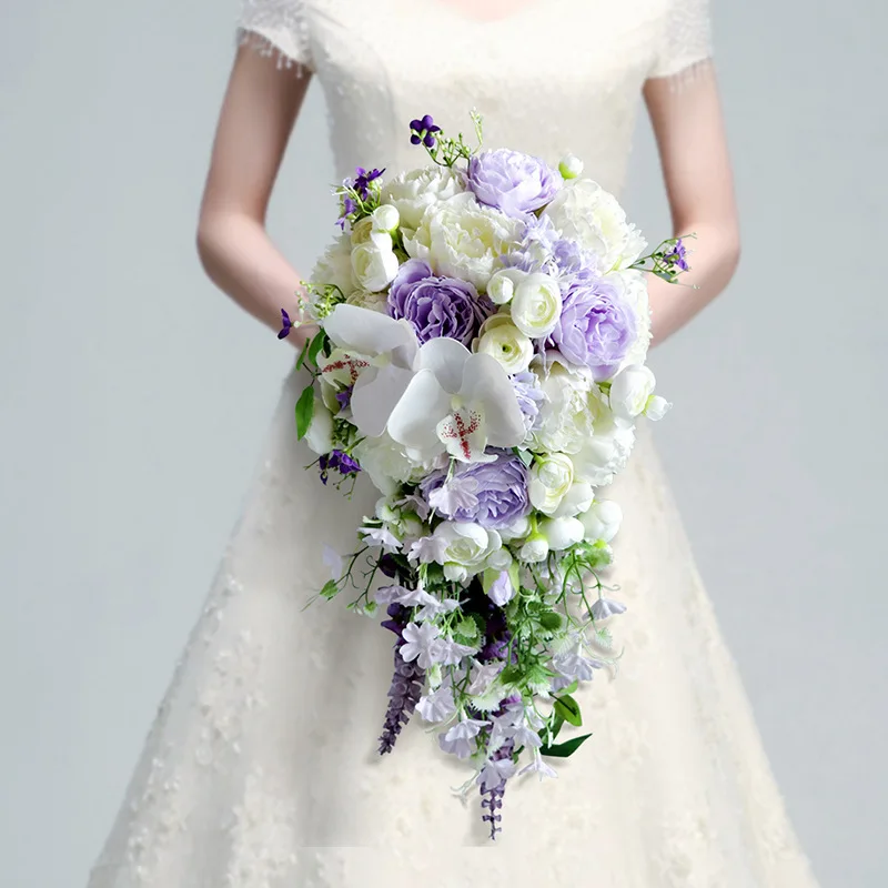 

SoAyle Bride Water Drop Bouquet Outdoor Wedding Simulation Flower Noble and Elegant Purple Rose Waterfall Holding Flowers