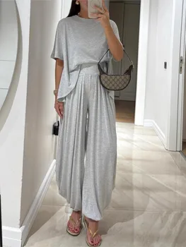 Casual T Shirt Short Sleeved Women's Top 2 Piece Set Summer Elegant Fashion Loose High Waist Wide-leg Trousers Female Pants Sets 1