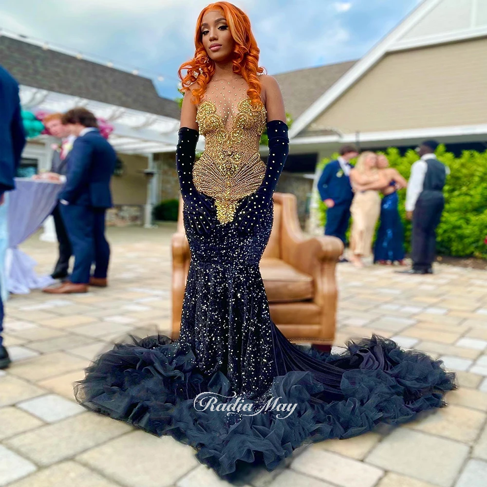 Radia May Luxury Dark Blue Mermaid Black Girls Prom Dresses for 2023 Graduation Party African