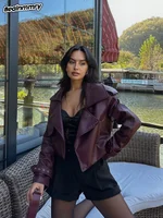 Women Retro Burgundy Leather Short Jacket Fashion Big Lapel Full Sleeves Pocket Loose Coats Lady Autumn Chic High Street Outwear 1