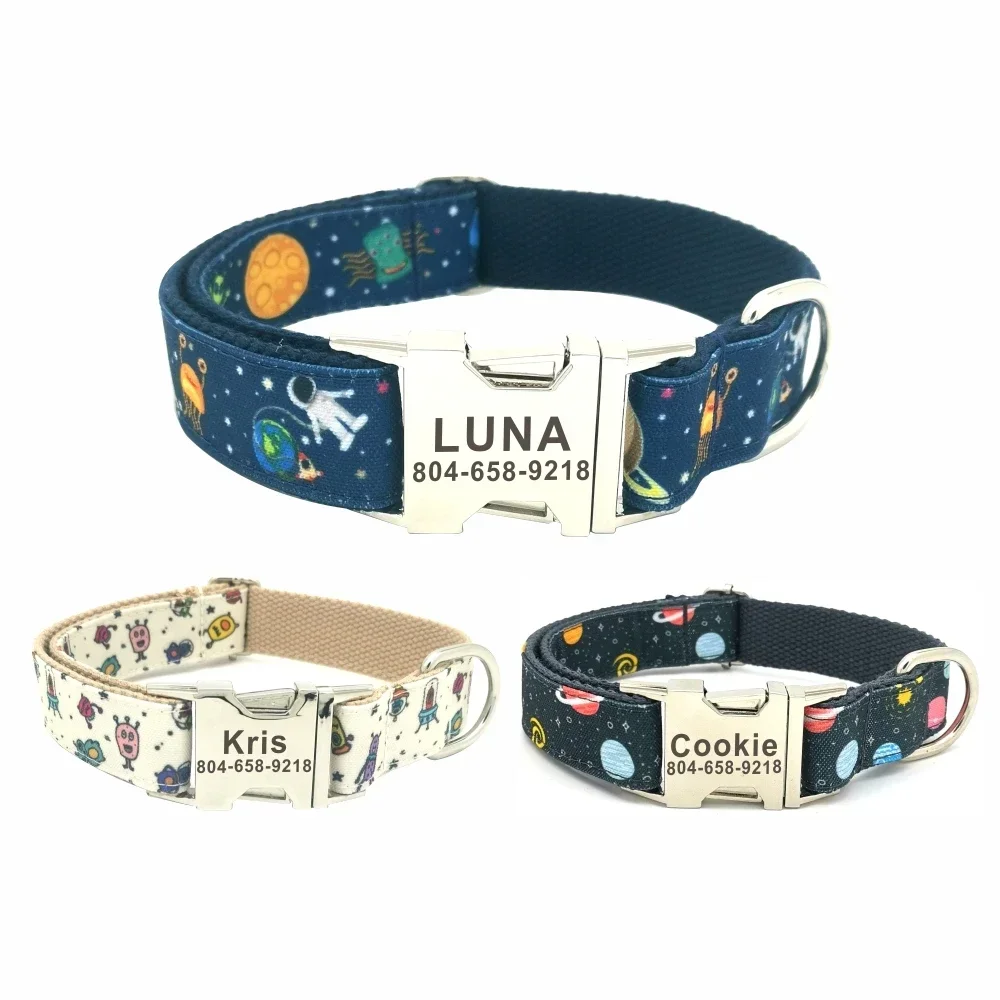 Personalized Space Monster Pet Collar Durable Puppy Name ID Tag Adjustable Rocket Planet Alien Basic Dog Collar Leash Dog Collar Pet Harness Leash Set Pet Harness Set Pet Leash Set