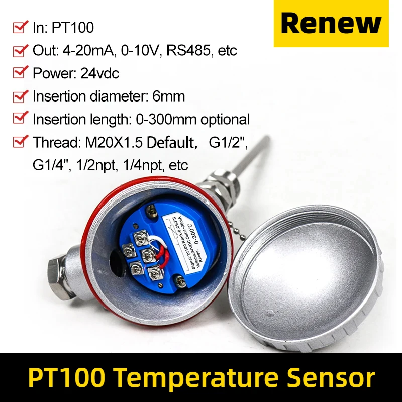 Pt100 입력 파이프 온도 센서, 용광로 열 저항 RTD, 차폐 와이어 포함