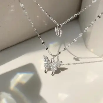 Korean Sweet Double Layered Butterfly Pendant Necklace For Women Jewelry 2025 Trending New Fashion Silver Color Necklace Gifts