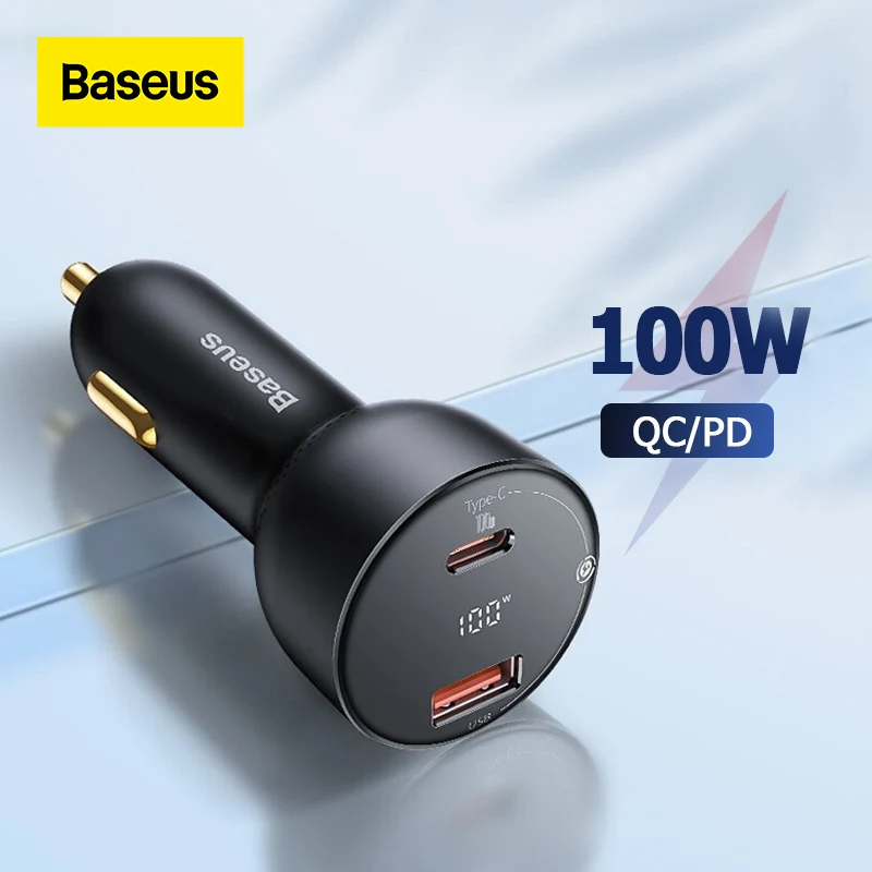  Baseus 100W Car Charger QC 3.0 PPS Dual Type C USB Fast Charger with Digital Display for iPhone Xiaomi Auto Charger Car Socket 