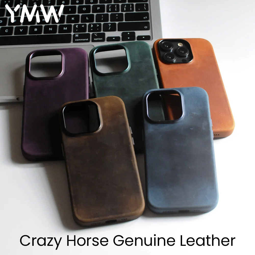 

YMW Crazy Horse Genuine Leather Case for iPhone 15 14 Pro Max Plus 13 12 mini Magnetic PULL-UP Frosted Cowhide Phone Cover