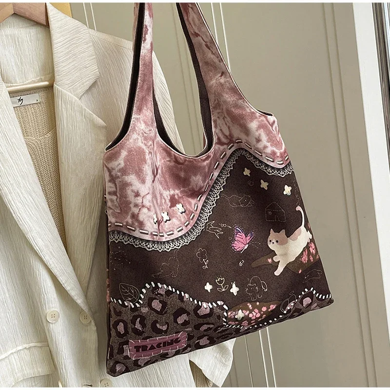 Retro-Einkaufstasche mit Leopardenmuster, kreative Canvas-Tasche mit Welpenmuster, stilvolle lässige Umhängetasche, umweltfreundliche Einkaufstasche, Damen-Handtasche – Detail 6
