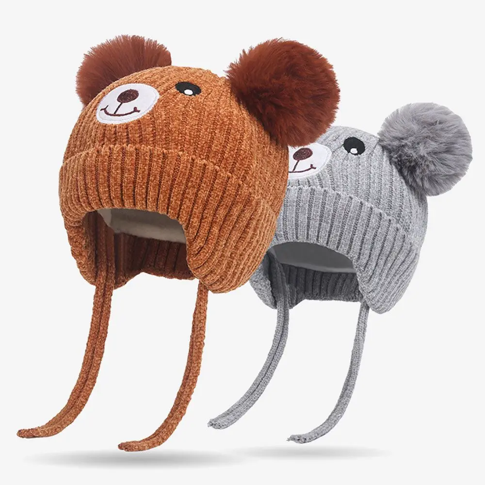 Winter Pompom Baby Winter Cap With Rope Lining Cute Boy Girl Warm Bear Knitted Hat Kids Earflaps 2022 Knit Hats For Toddler Cap