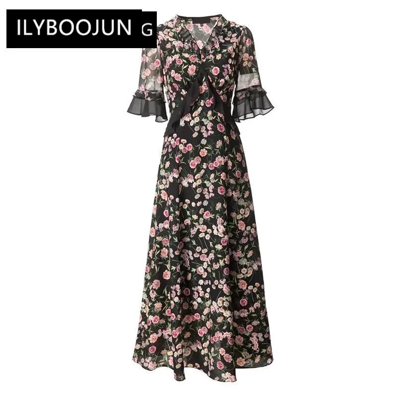 

Black Vintage Flounces Short Sleeve High Waist Small Floral Printing Dresses For Women 2023 Runway Luxury Brand High Quality
