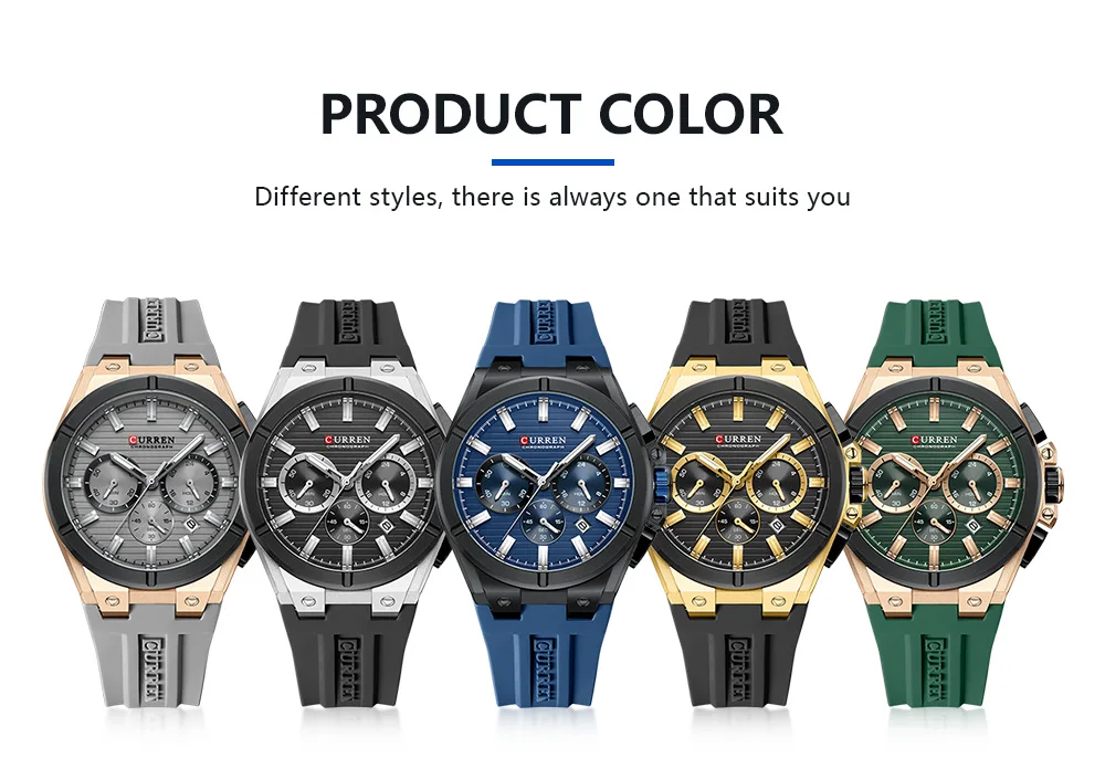 CURREN Moder Design 43mm Watch for Men with 3 Sub-Dials Quartz Movement Casaul Silicone Strap Wristwatch Luminous Hands and Date
