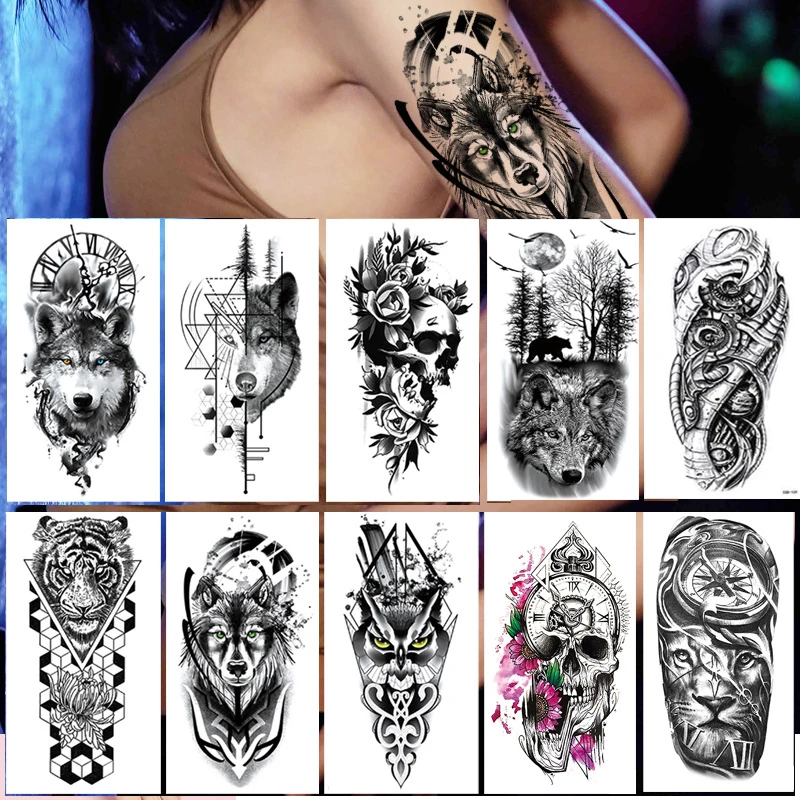 

100Pcs Waterproof Flower Temporary Tattoo Sticker Wholesales Snake Rose Flash Wolf Lion Body Art Arm Fake Sexy Women Sleeve