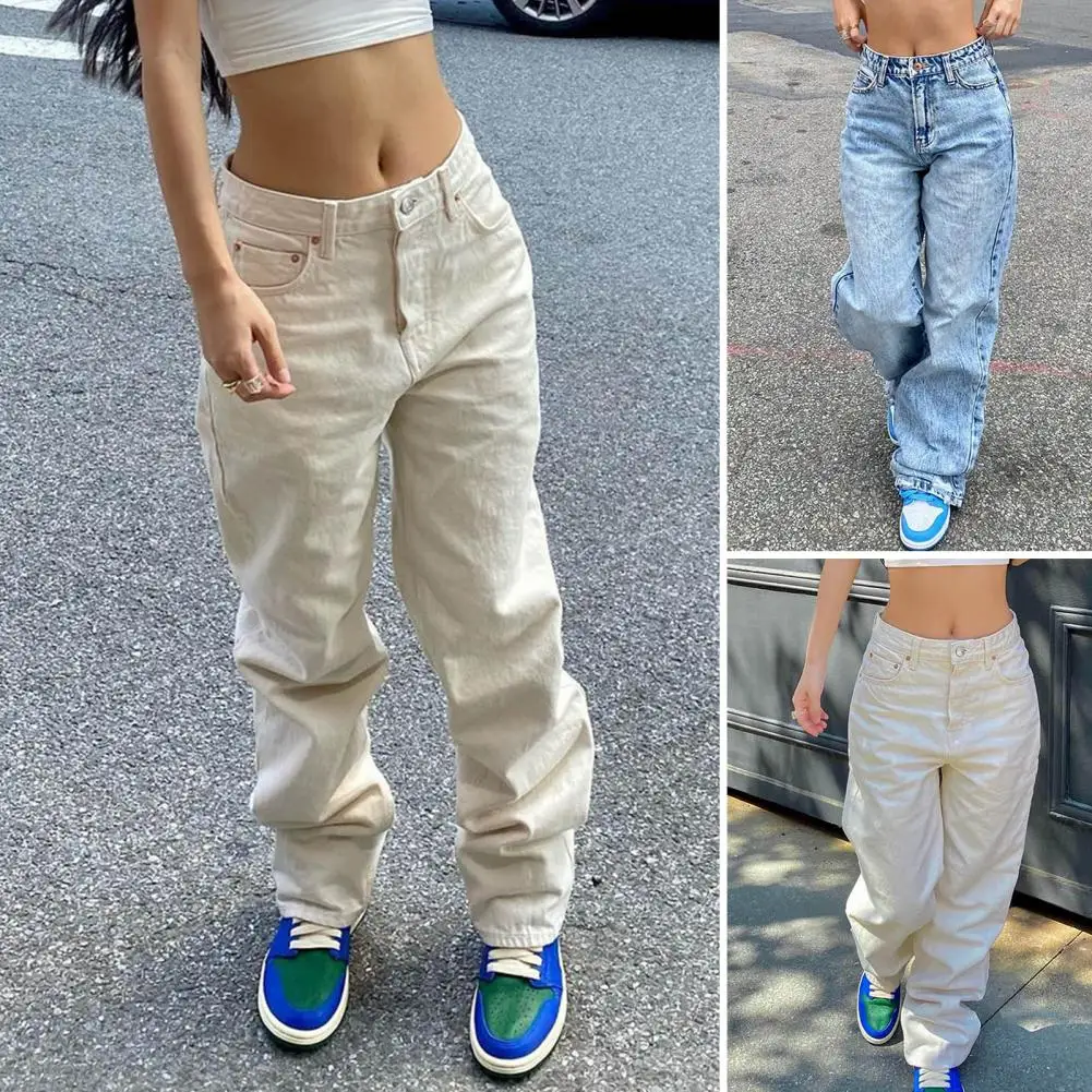 

Women Denim Pants Button Zipper Fly Casual Trousers with Reinforced Pockets Solid Color Jeans Regular Fit Long Trousers