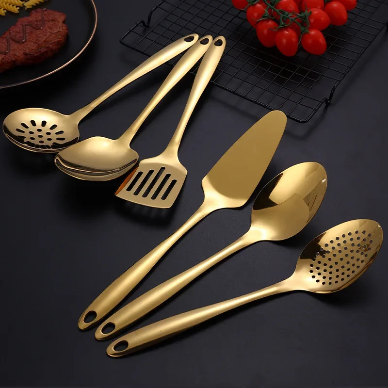 1Pc Korean Stainless Steel Tableware Golden Long Handle Hot Pot Colander Frying Spatula Soup Spoon Kitchen Cooking Gadgets