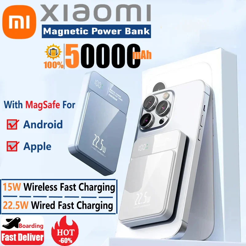 Xiaomi 50000mAh Magnetic Power Bank 15W Wireless Powerbank 22.5W Fast Charger Portable External Battery for iPhone Samsung