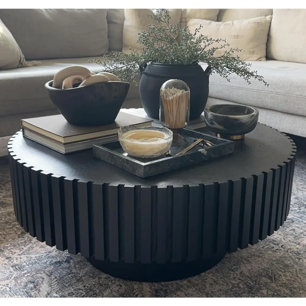 31.49'' Black Round Coffee Table Modern Wood Coffee Table for Living Room, Contemporary Circle Fluted Drum Tabl