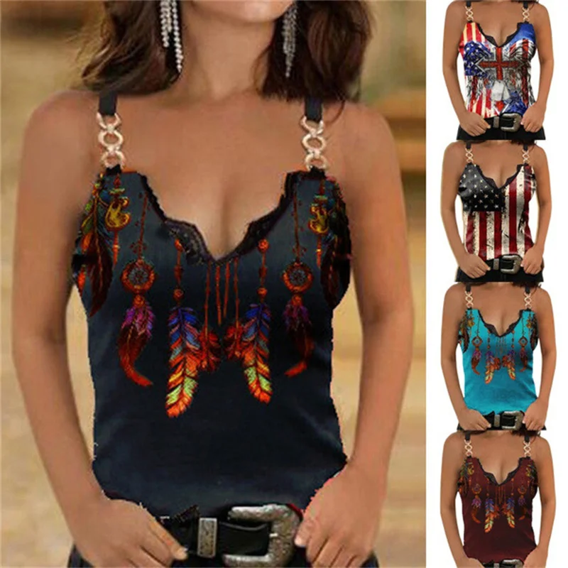 2023 New Summer T-Shirt Women'S Casual Fashion Slim Fit Strap Sexy Lace Sleeveless V-Neck Printing Casual Strap Tank Top 2023 new summer t shirt women s casual fashion slim fit strap sexy lace sleeveless v neck printing casual strap tank top