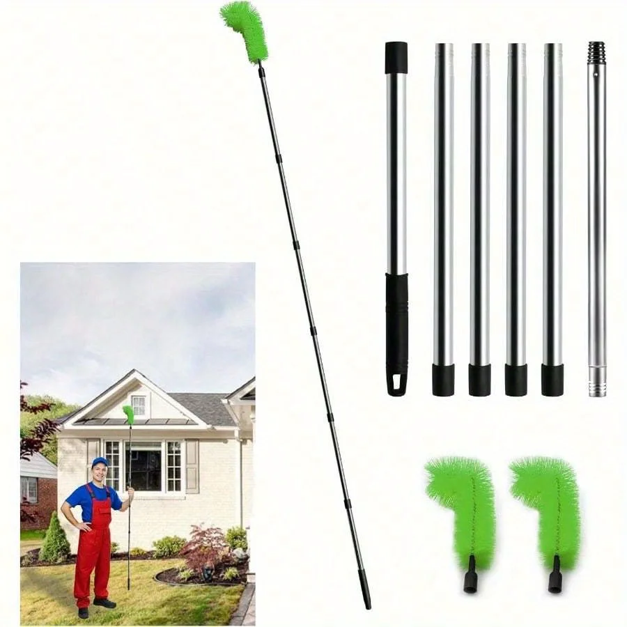 1 Takım 10,5 Feet Oluk Temizleme Aleti, 8 Paslanmaz Çelik Boru ve Çatı Yaprakları için 2 Fırça ile Yıkıntı Temizleme Yeşil