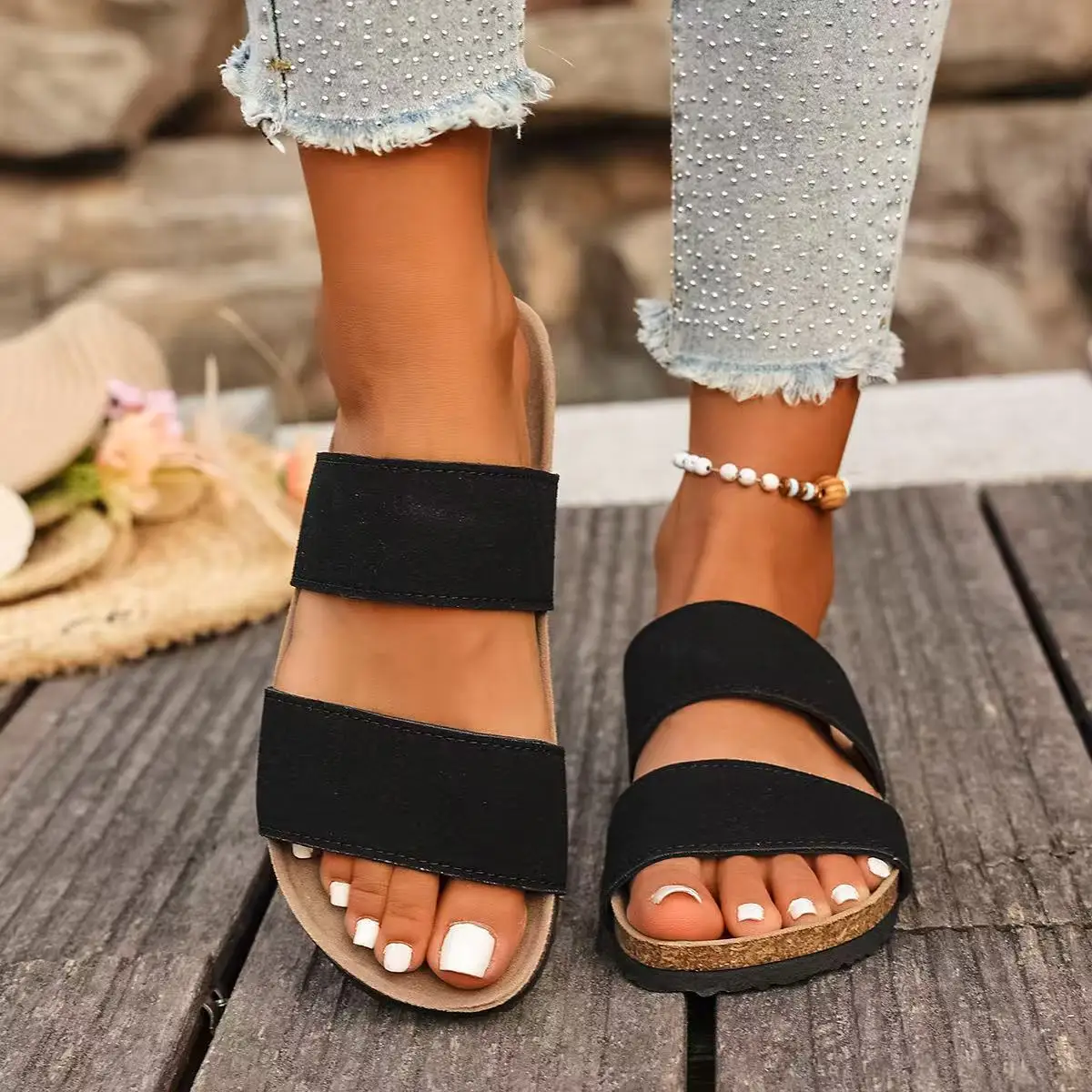 Classic Cork Footbed Clogs Slippers Women 2025 Summer Retro Pu Leather Outdoor Slippers Woman Plus Size 43 Non Slip Flat Sandals